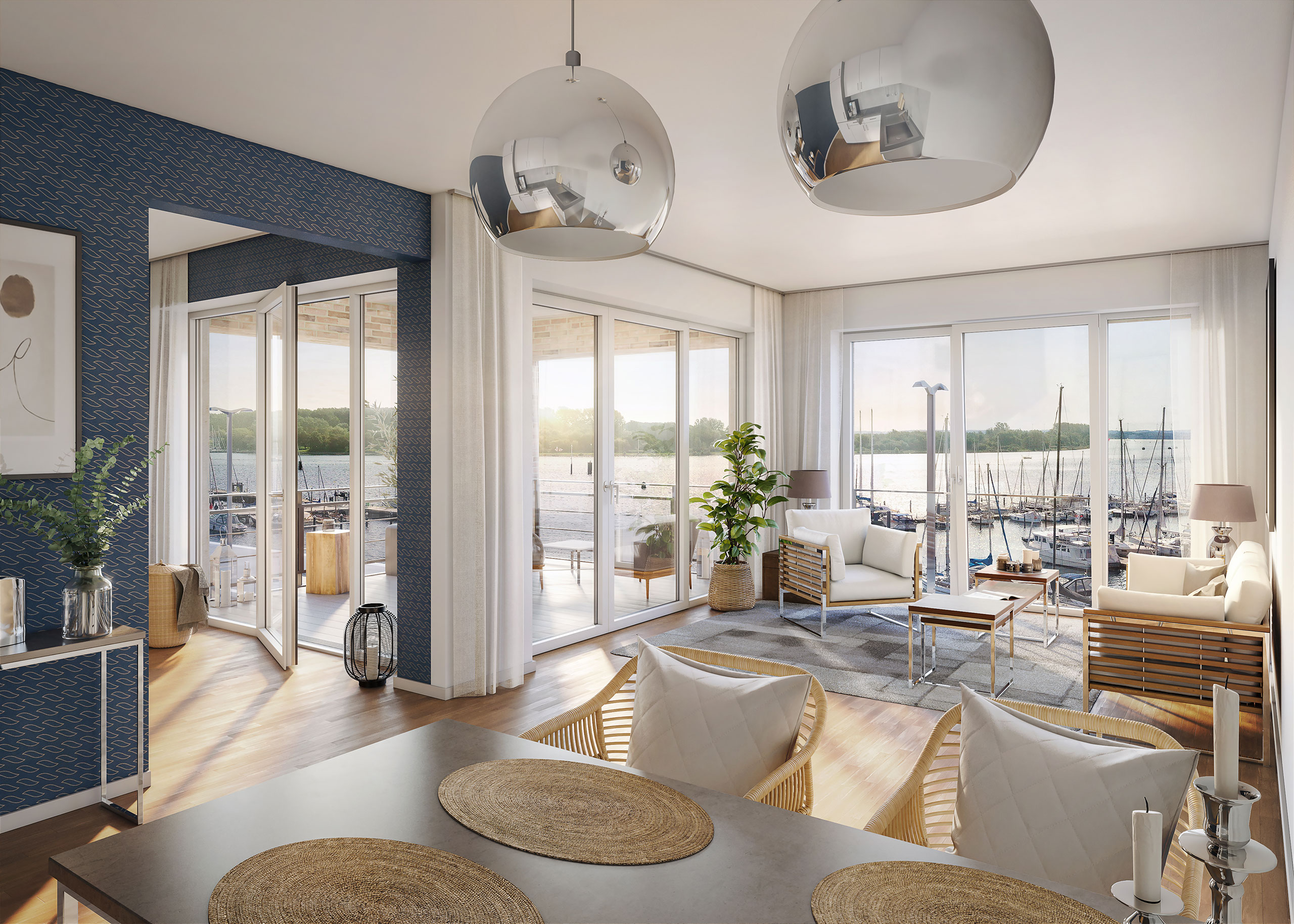 Wohnzimmer mit Blick auf den Yachthafen