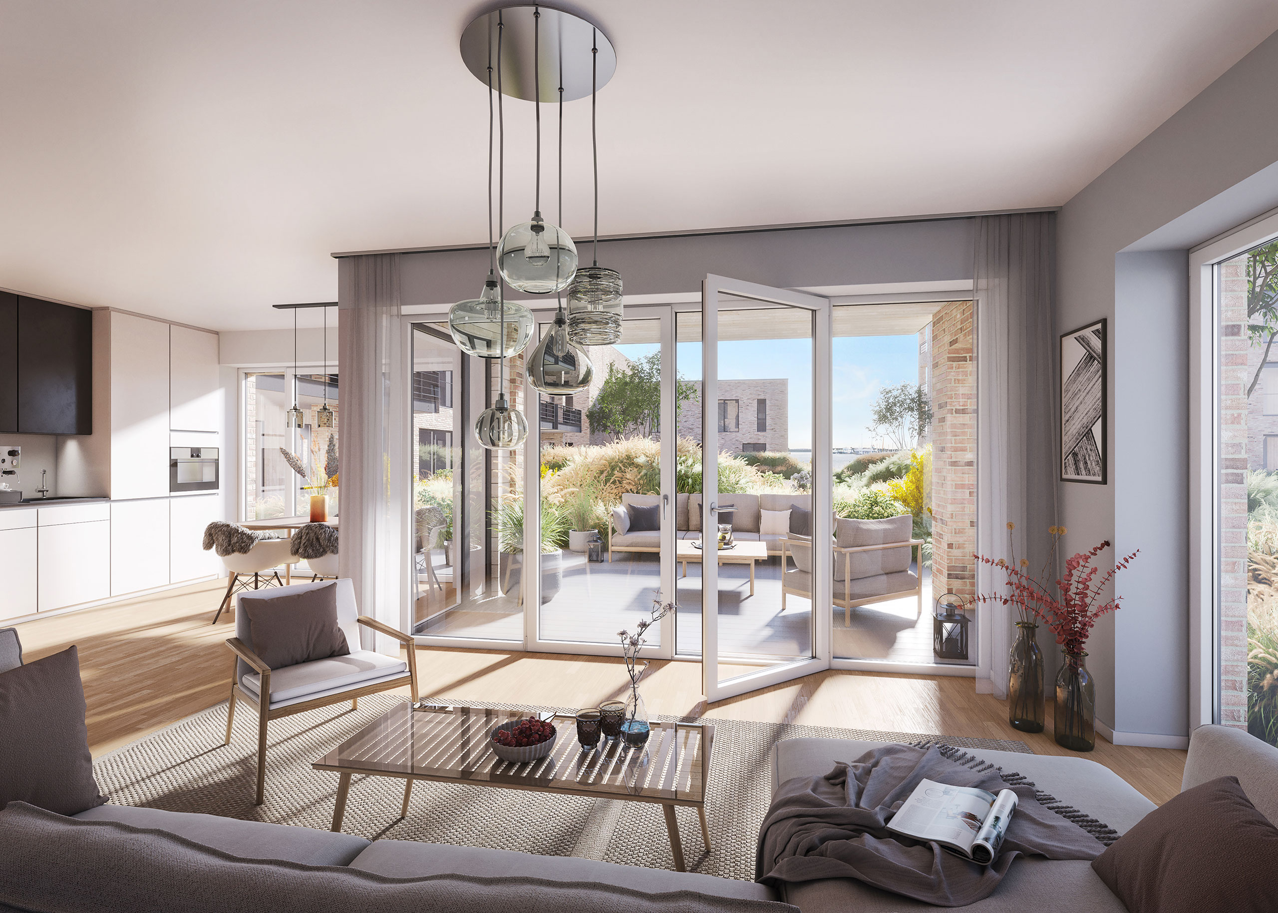 Wohnzimmer mit ge&ouml;ffneter T&uuml;re